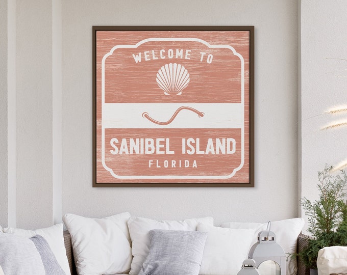 Retro Coral BEACH BADGE Sign, Sanibel Island Florida, Can be Personalized, Seashell Icon, Gift for Florida Lanai, Custom Beach Gift for Mom