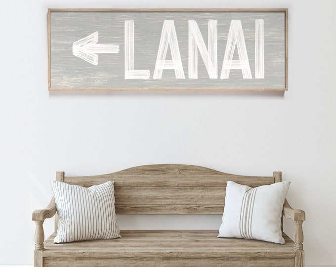 Large LANAI sign with arrow > vintage lanai directional art, stone gray lanai sign, horizontal lanai sign {pwo} Active