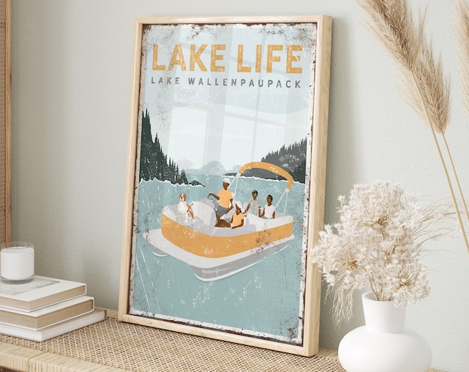 personalized FAMILY pontoon boat sign • LAKE LIFE, Lake Wallenpaupack print, family of 4, with 1 dog • yellow lake house decor gift {vpl}