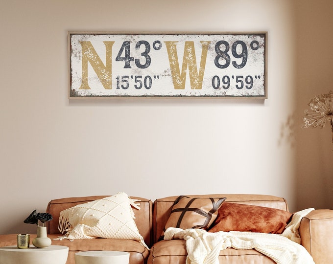 Personalized GPS Coordinates Canvas in Saffron Yellow and Hale Navy, Vintage Sign for Farmhouse Decor, Latitude & Longitude Wall Art {gsw}