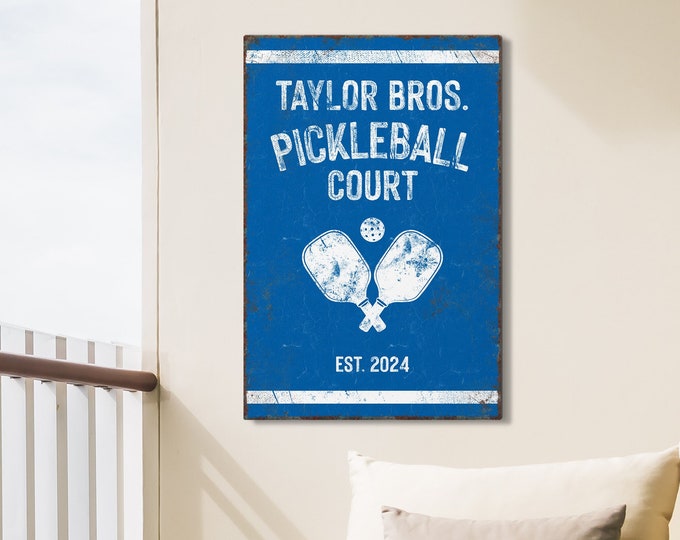 Personalized COURT Sign with PICKLEBALL Paddles icon, Custom Text, Colors and Year Established, in Blue and White, Pickleball Gift Ideas