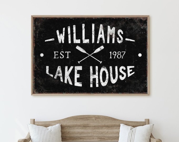 black LAKE HOUSE sign > vintage kayaking canvas print, black and white farmhouse wall art for lakehouse decor, oars for paddle boating