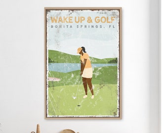 GOLF gift for wife, yellow golfing print, vintage vacation home decor canvas, custom golf gift for her, wake up and golf art, putting {vpg}