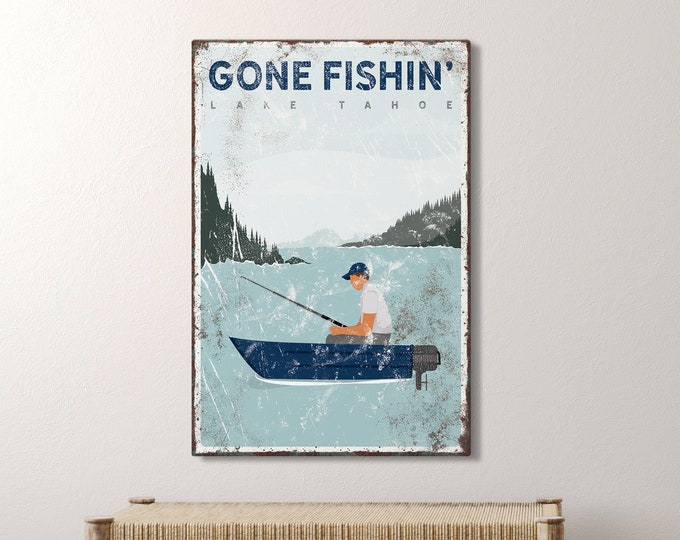 nautical gone fishin' sign > navy blue boat art for Lake Tahoe lake house decor, coastal canvas print, nautical fishing gift for him {vpl}
