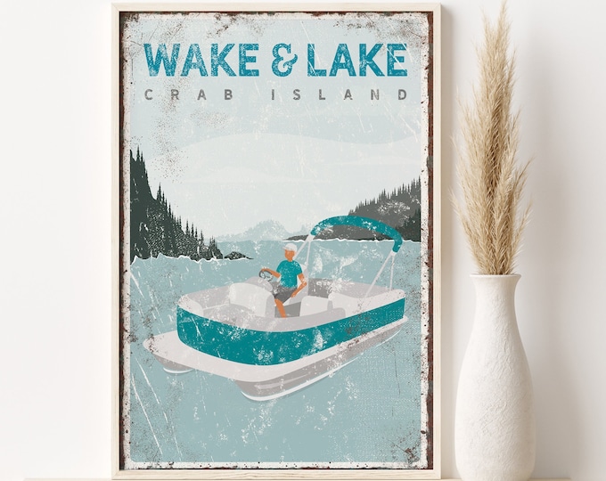 vintage PONTOON BOAT poster, custom lake house wall decor, wake and lake sign, Crab Island wall art, teal lake decor {vpl}