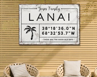 personalized LANAI sign, personalized last name canvas, lanai signs for outdoor, custom coordinates, palm tree wall art {gdw}