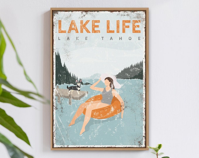 vintage LAKE LIFE sign, personalized tubing poster with chihhuahua dog on a dock, retro lake tahoe wall art, farmhouse home decor {vpl}