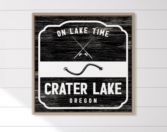 Retro LAKE BADGE Wall Sign, Black and White, Crater Lake Oregon, Can be Personalized, Fishing Poles Icon, On Lake Time, Fishing Gift for Dad