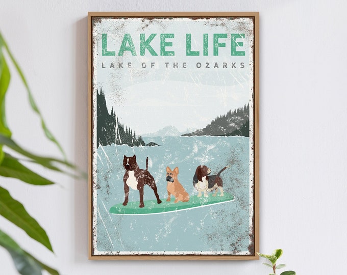 mint LAKE LIFE sign, dogs paddleboarding poster, vintage lake house decor, Pitbull, French Bulldog, Basset Hound, custom dog art {vpl}