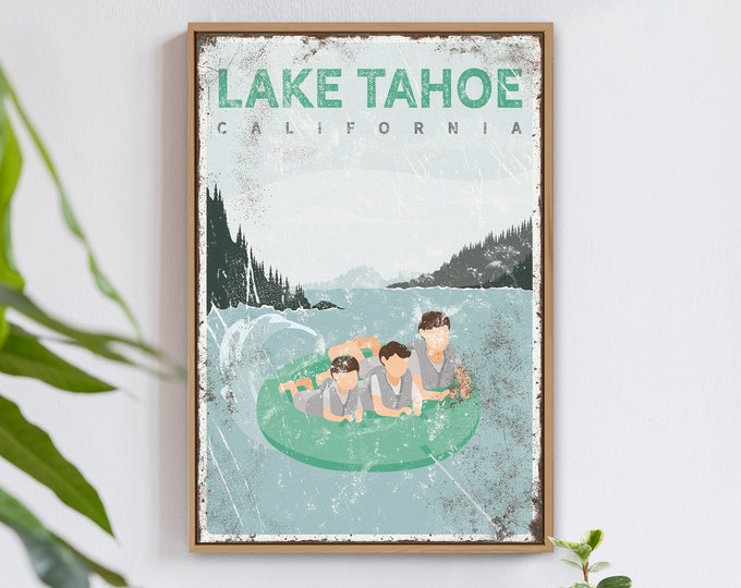 LAKE TAHOE sign with mint accent, personalized family tubing print, vintage lake house decor, water tubing on lake tahoe poster {vpl}