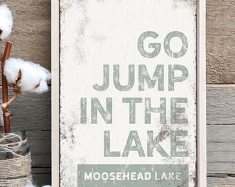 green GO JUMP in the LAKE sign > vintage Moosehead Lake wall art for lakehouse decor, vintage farmhouse, sage green lake sign {brw}