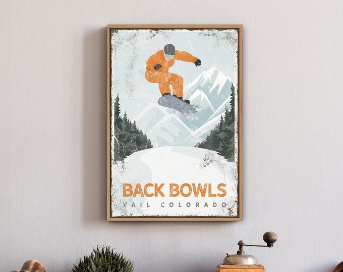 vintage SNOWBOARD jump poster, Back Bowls VAIL Colorado ski sign, distressed winter mountain wall art, custom retro ski house decor {vph}