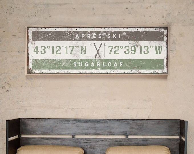 Vintage Apres Ski Sign with GPS COORDINATES, Brown and Green Wall Art Print, Ski House Decor, Personalized Longitude & Latitude {giw}