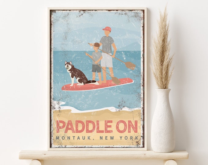 vintage BEACH PADDLEBOARD SIGN with dog, man and boy with husky, father and son, gift for dad, gift for dog lovers, vintage montauk ny {vpb}