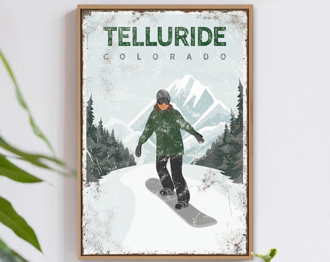 vintage snowboard poster > custom canvas print, gift for female snowboarder, retro mountain house decor wall art (Telluride, Colorado) {vpw}