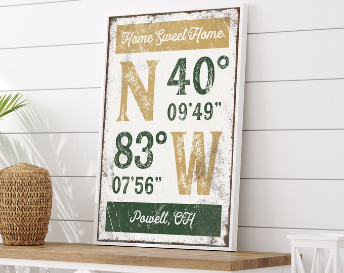 vintage COORDINATES sign, home sweet home poster, GPS coordinates canvas print, for beach house decor, longitude and latitude wall art {grw}