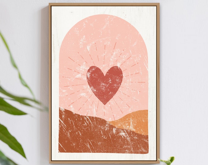 boho valentine decor canvas > vintage love sign with heart, window and horizon in neutral color palette for modern farmhouse decor {VAL01}