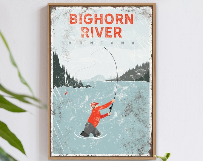 vintage fly fishing poster > Bighorn River, personalized trout fishing sign for lake house decor, coastal decor gift for boyfriend {vpl}