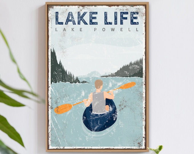Personalized Lake Life Sign for Vintage Decor. Navy Kayaking Poster Gift for Him. Oversized Vertical Wall Art for Lake House {vpl}