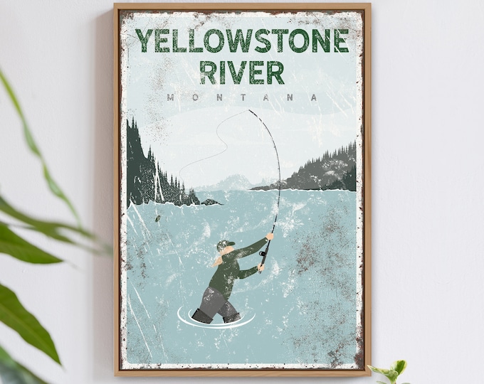 vintage Montana fishing poster > custom Yellowstone River sign, custom river or lake fly fishing art print for lake house decor {vpl}