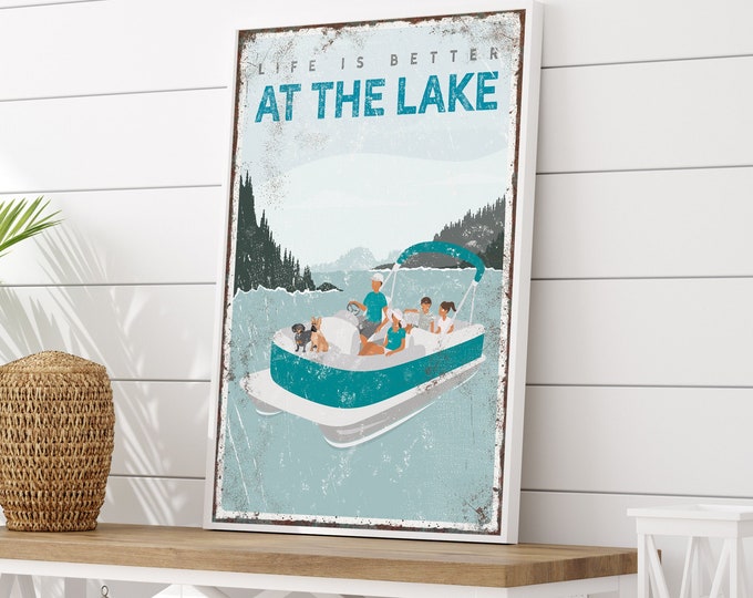 personalized FAMILY pontoon boat sign • Life is Better at the LAKE print, family of 4, with 2 dogs • teal blue lake house decor gift {vpl}