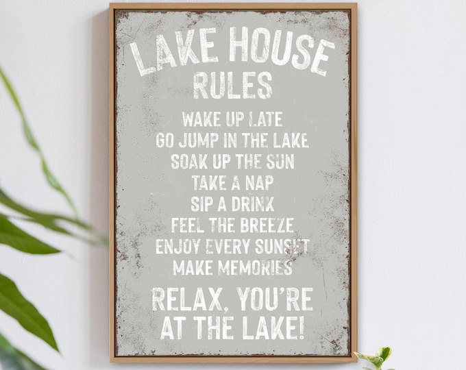 vintage "lake house rules" sign > light gray sign art print, custom lakehouse decor, distressed lake house gift, vacation rental decor