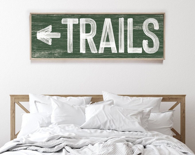 Vintage hiking sign > green TRAILS cross country skiing art, faux weathered wood canvas for mountain lodge decor, ski house wall art {pwo}