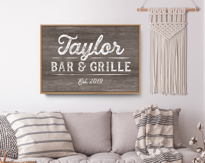 personalized BAR & GRILLE sign > Taupe custom name canvas • Modern farmhouse wall decor • Rustic faux wood sign • Year established print