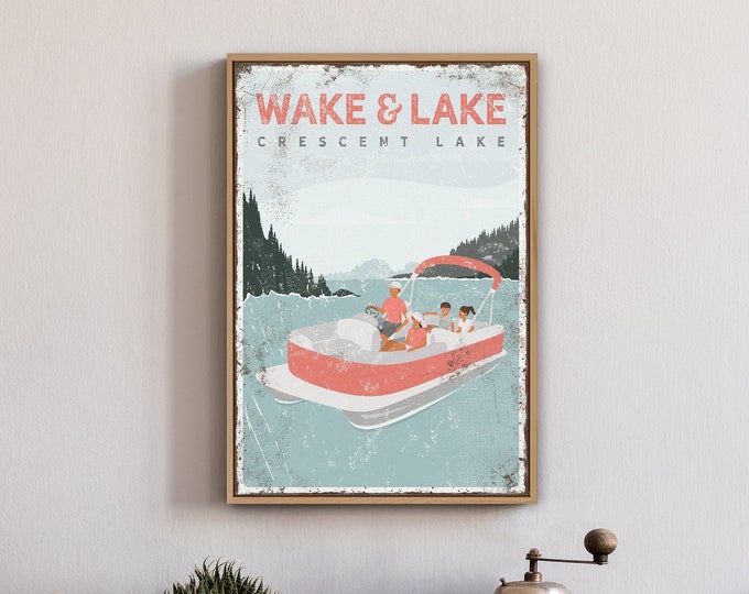 personalized FAMILY pontoon boat sign WAKE and LAKE, family of four, Crescent Lake, Vintage Lake Poster, coral pink lake house gift {vpl}