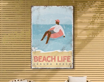 vintage BEACH LIFE poster, boy floating on water sign, can be personalized, retro Laguna Beach house decor and wall art {vpb}