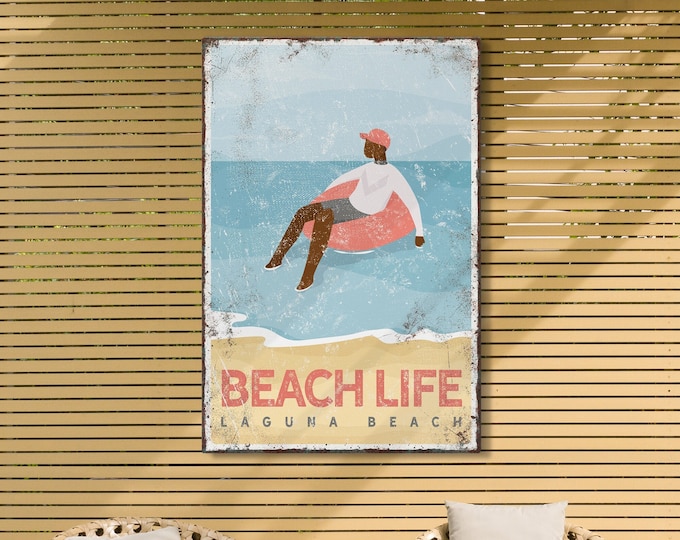 vintage BEACH LIFE poster, boy floating on water sign, can be personalized, retro Laguna Beach house decor and wall art {vpb}