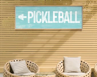 Vintage PICKLEBALL sign for above door, aqua blue pickleball sign with left arrow, faux distressed wood art, pickleball decor {pww}