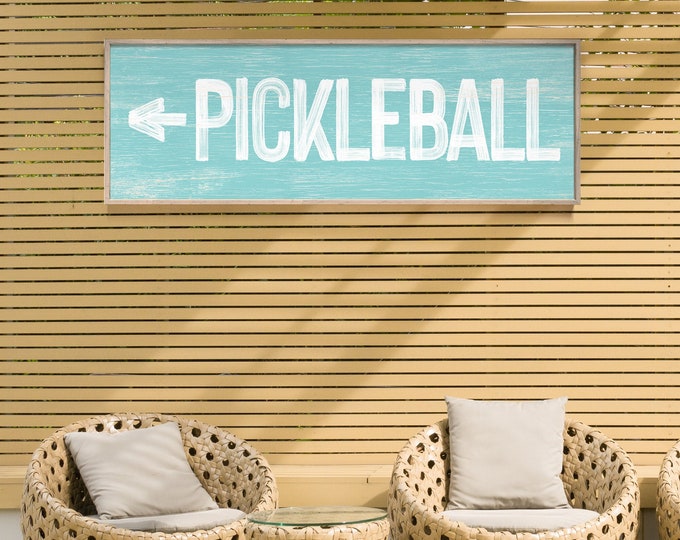 Vintage PICKLEBALL sign for above door, aqua blue pickleball sign with left arrow, faux distressed wood art, pickleball decor {pww}