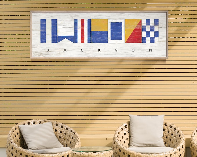 Personalized Last Name Sign with Nautical Flags, Custom Nautical Alphabet Flags Sign, Retro Sailing Wall Art for Lake House Decor {nfw}