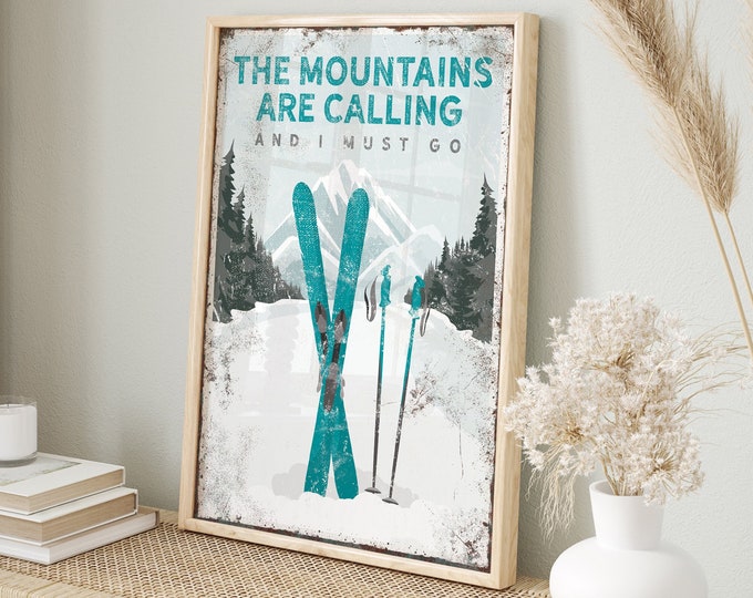 The MOUNTAINS ARE CALLING Poster in Teal, Retro Ski Mountain Wall Art, Can be Personalized, Vintage Ski Gift for Her, Skis and Poles {vpw}