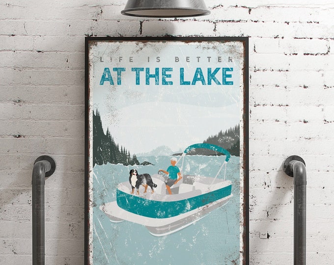 Life is Better at the Lake canvas print, man on pontoon boat with with Bernese Mountain dog, can be personalized, vintage lake decor {vpl}