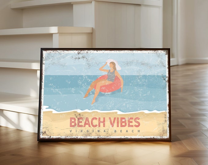 Vintage Coral BEACH VIBES Poster, Girl Floating on Tube, Virginia Beach Art, Cute Pink Beach Gift for Her, Custom Beach House Decor {VPB}