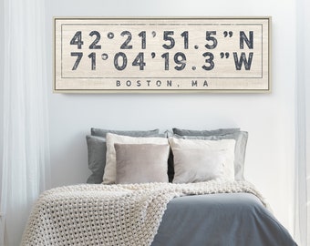 Antique COORDINATES Sign &gt; Distressed farmhouse print, Custom GPS location latitude + longitude sign, canvas wall art print {s}