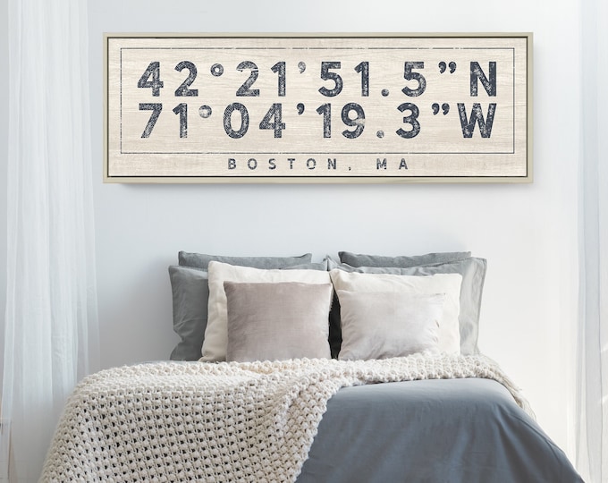 Antique COORDINATES Sign > Distressed farmhouse print, Custom GPS location latitude + longitude sign, canvas wall art print {s}