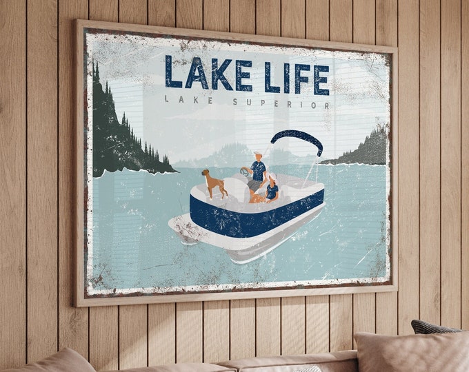 Navy LAKE LIFE Sign, Couple on Pontoon Boat with Dog (Boxer), Vintage Lake Superior Art, Large Lake Canvas Print, Vacation Home Decor {VPL}