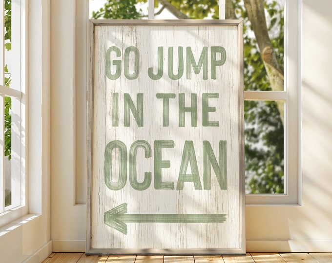 Go Jump in the Ocean Canvas Print, Seagras on White Beach Wall Art, Left or RIght Arrow, Beach Housewarming Gift, Cute Beach Patio Art {pwo}