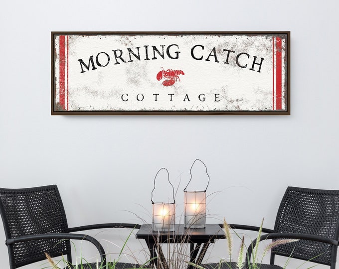 Vintage Beach Sign with Lobster, Curved Text and Stripes, Custom Beach Cottage Decor, Morning Catch Shown, Red on White Beach Decor {ctw}