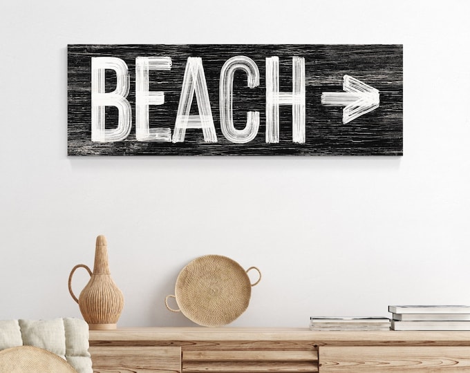 Vintage BEACH sign with arrow to ocean, distresssed black beach house decor, coastal farmhouse sign, faux white weathered wood canvas {pwb}