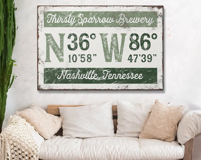 green COORDINATES sign > custom vintage brewery canvas, longitude latitude GPS art print, farmhouse bar name wall art {grw}