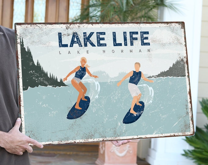 navy LAKE LIFE poster for Lake House decor, couple wake surfing, wake surfing gift for her, custom wakesurf poster, retro Lake Norman {vpl}