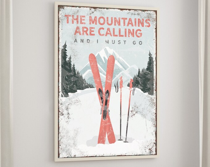 The MOUNTAINS ARE CALLING Ski Sign in Coral, Retro Ski Mountain Wall Art, Can be Personalized, Vintage Ski Gift for Mothers Day {vpw}