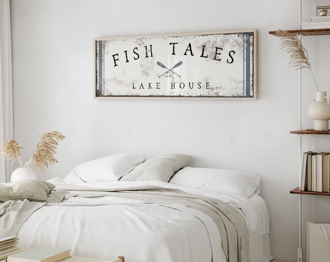 Vintage Lake House Print, Curved Text and Stripes, Custom Lake Art, Fish Tales and Oars Icon Shown, Harbor on White, Lake Gift for Her {ctw}