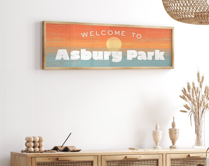 Sunset Welcome Sign on Painted Wood, Asbury Park New Jersey, Retro Beach Canvas Signs, Can be Personalized, Indoor Outdoor Options Available