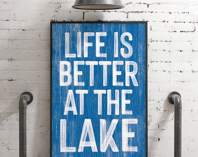 blue life is better at the lake sign, vintage LAKE HOUSE decor, coastal wall art, faux distressed wood canvas print for above couch {pwo}