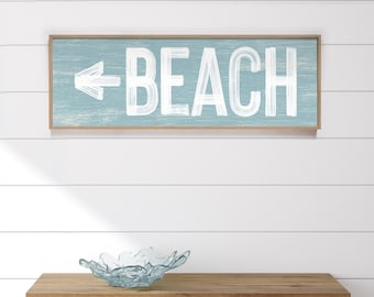 Vintage BEACH HOUSE decor > light blue beach arrow sign, coastal wall art, faux weathered wood canvas sign for above couch {pwo}